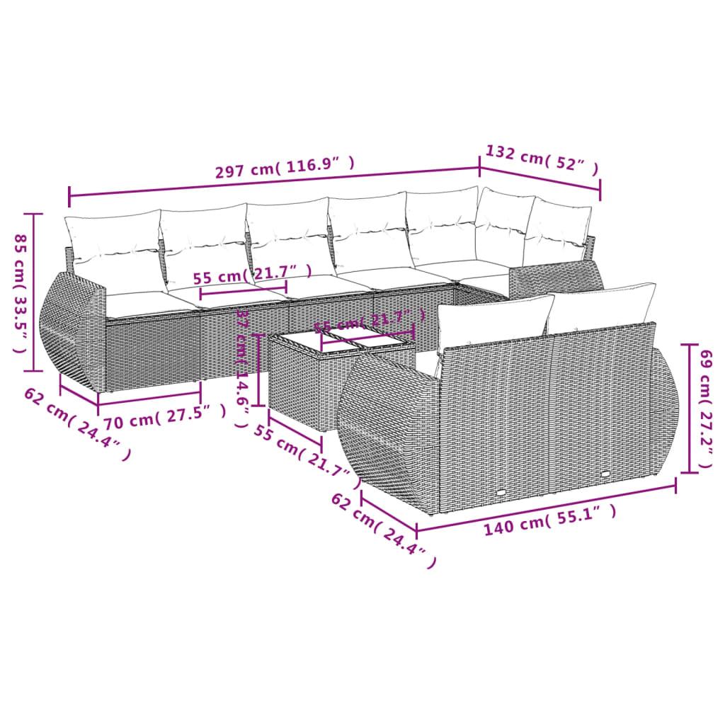 vidaXL 9-delige Loungeset met kussens poly rattan zwart