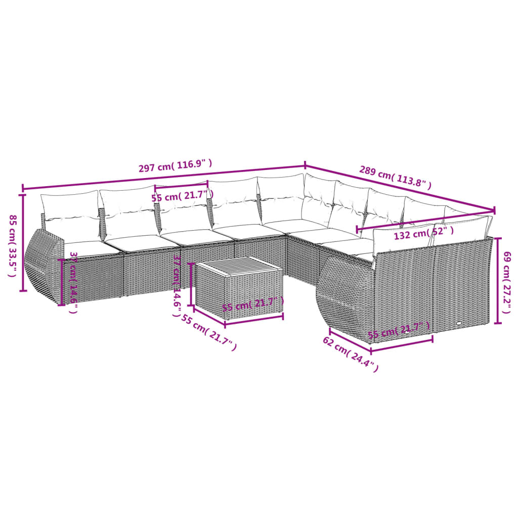 vidaXL 11-delige Loungeset met kussens poly rattan zwart