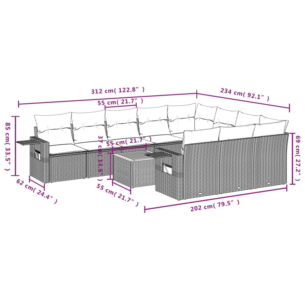 vidaXL 11-delige Loungeset met kussens poly rattan zwart