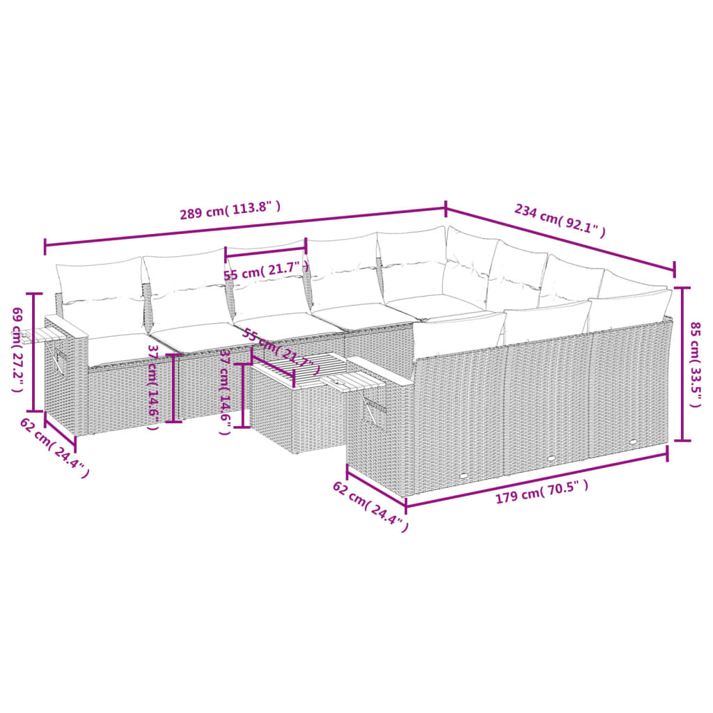 vidaXL 11-delige Loungeset met kussens poly rattan zwart