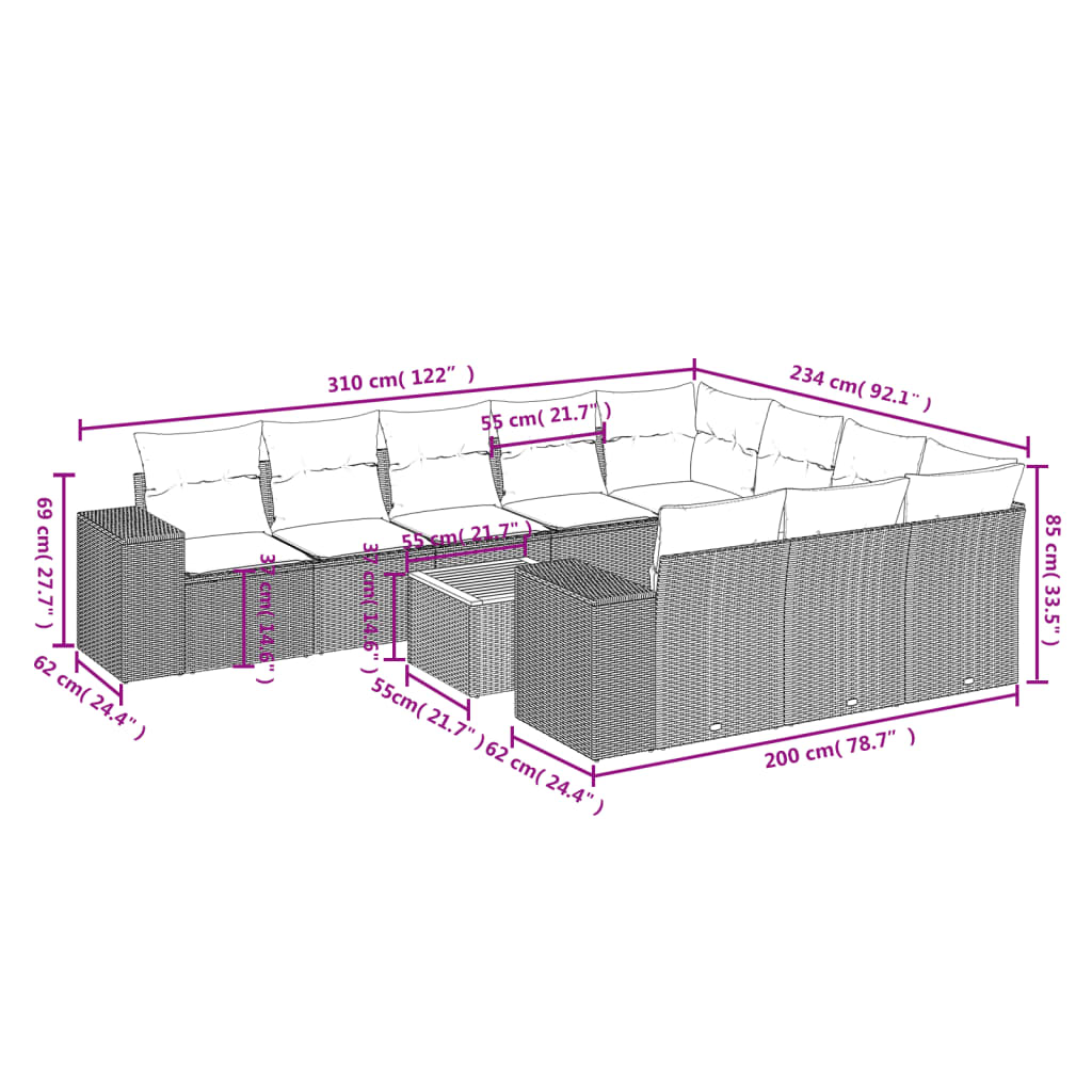 vidaXL 11-delige Loungeset met kussens poly rattan zwart