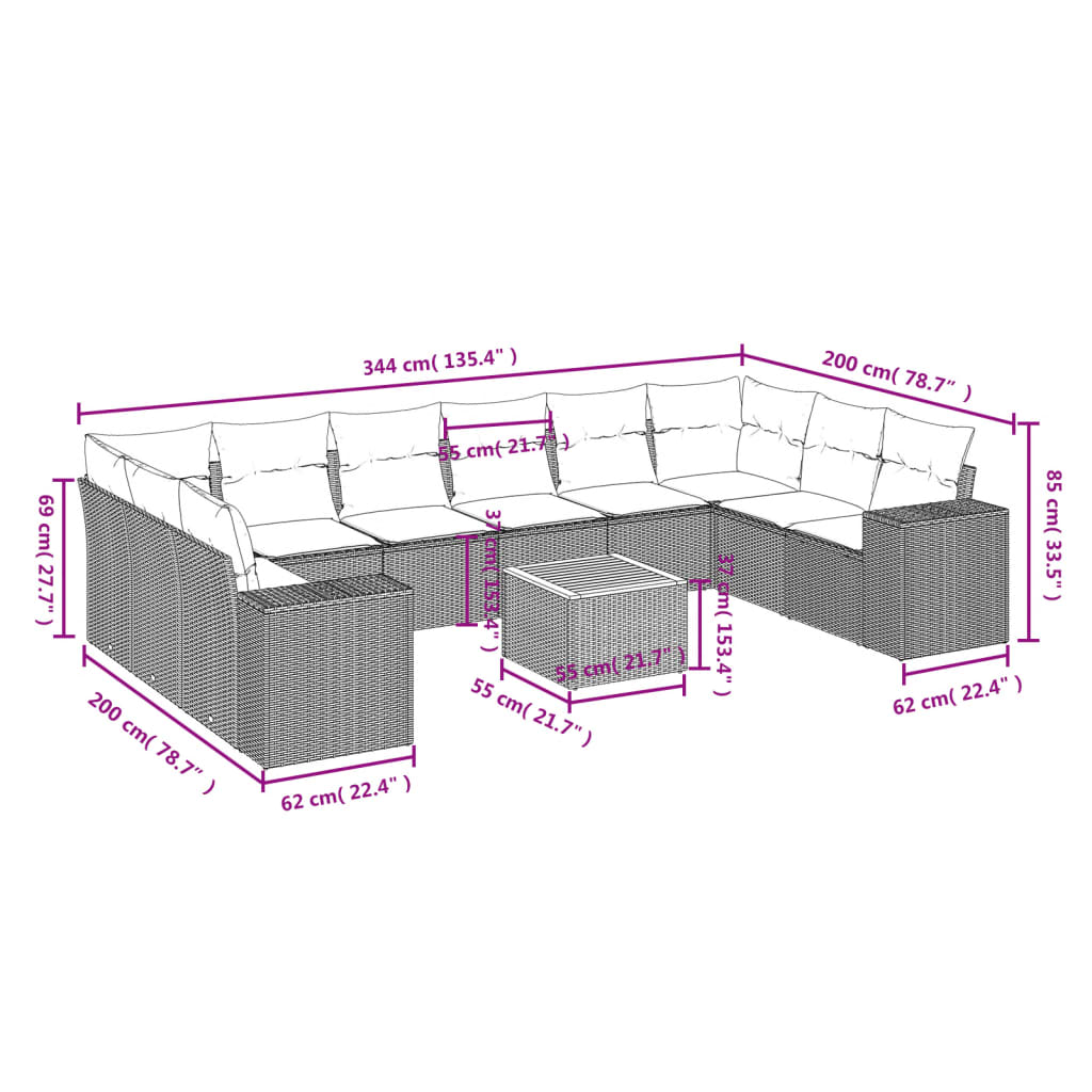 vidaXL 11-delige Loungeset met kussens poly rattan zwart