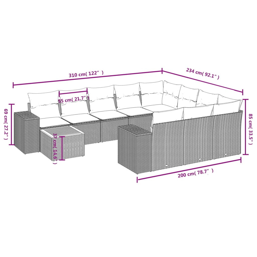 vidaXL 11-delige Loungeset met kussens poly rattan zwart