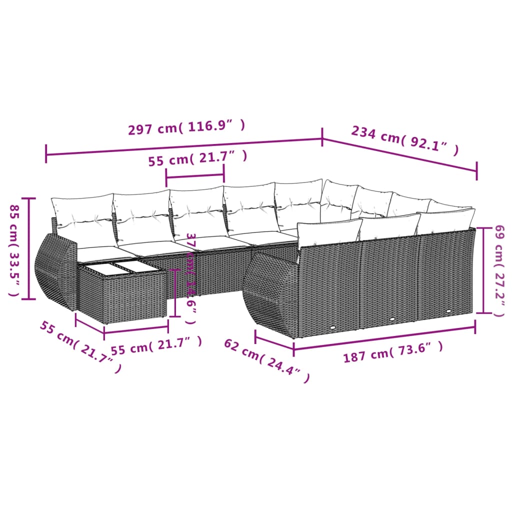 vidaXL 11-delige Loungeset met kussens poly rattan zwart