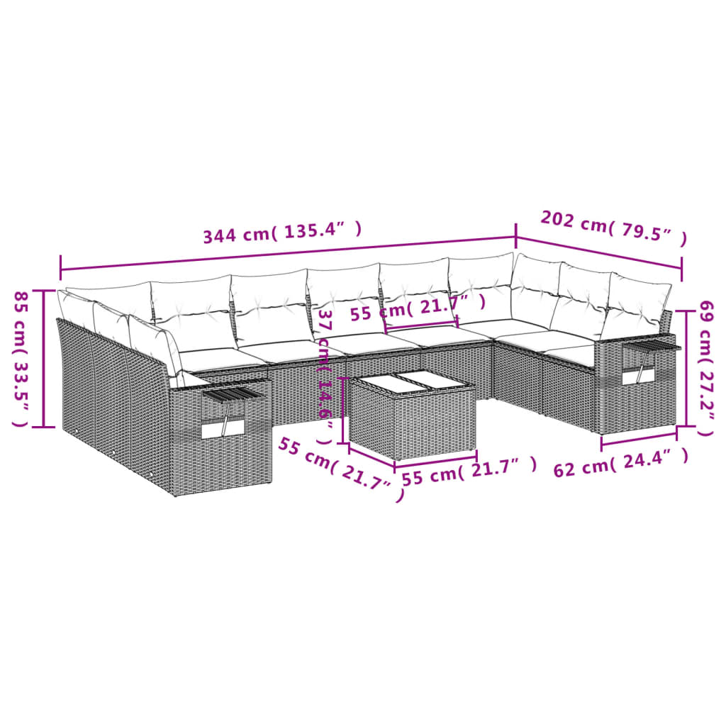 vidaXL 11-delige Loungeset met kussens poly rattan zwart