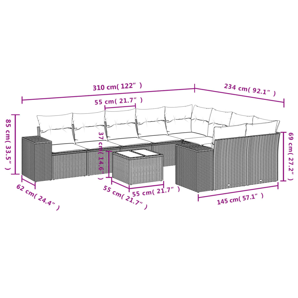 vidaXL 10-delige Loungeset met kussens poly rattan zwart