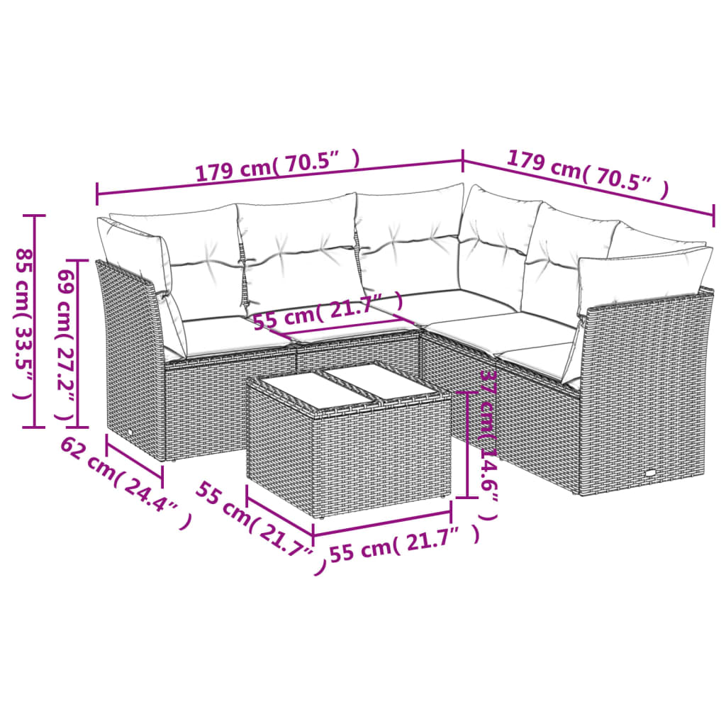 vidaXL 6-delige Loungeset met kussens poly rattan grijs