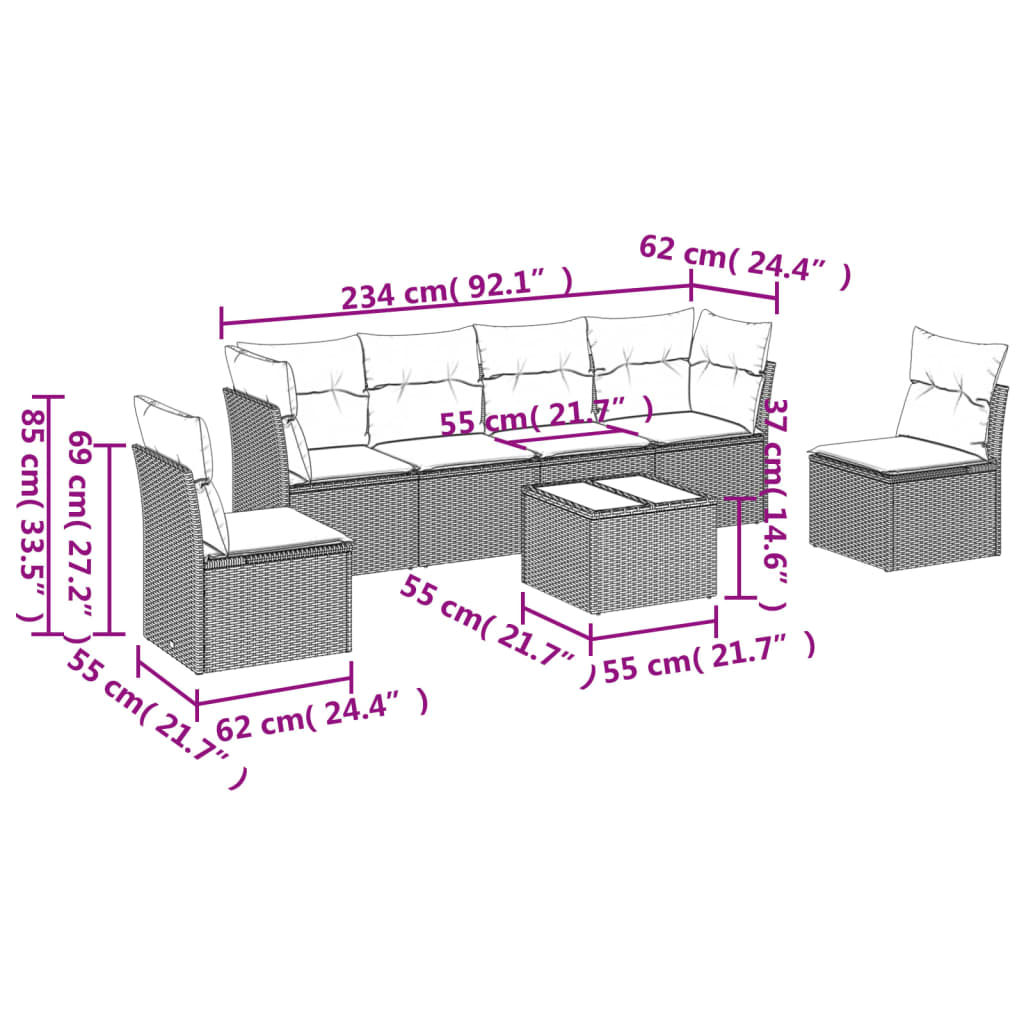 vidaXL 7-delige Loungeset met kussens poly rattan grijs