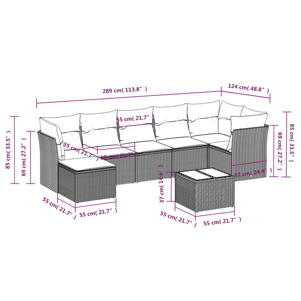 vidaXL 8-delige Loungeset met kussens poly rattan grijs