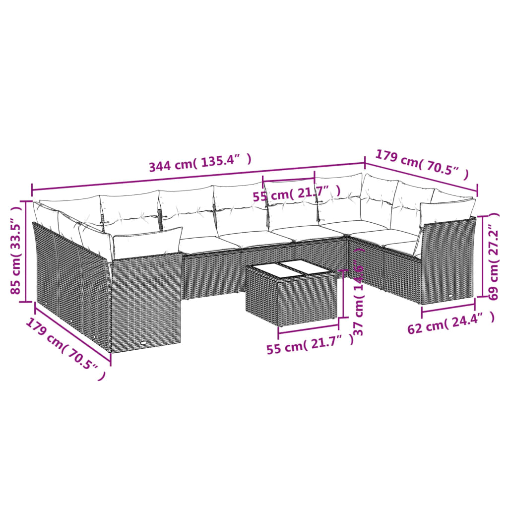 vidaXL 11-delige Loungeset met kussens poly rattan grijs