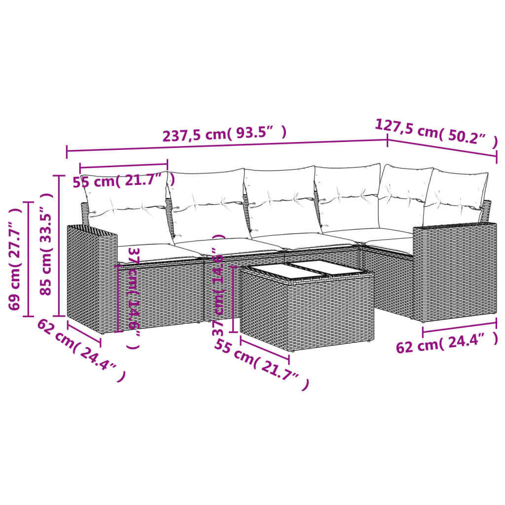 vidaXL 6-delige Loungeset met kussens poly rattan beige