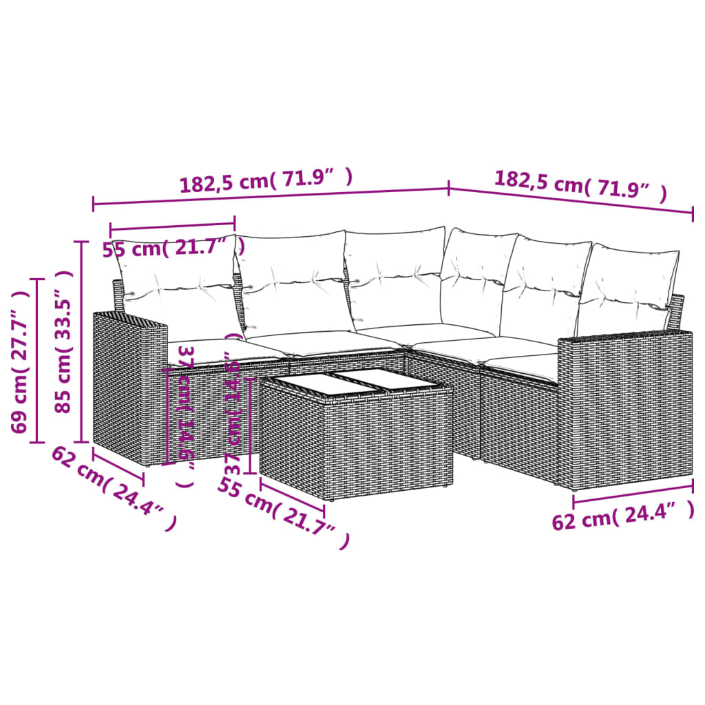 vidaXL 6-delige Loungeset met kussens poly rattan beige