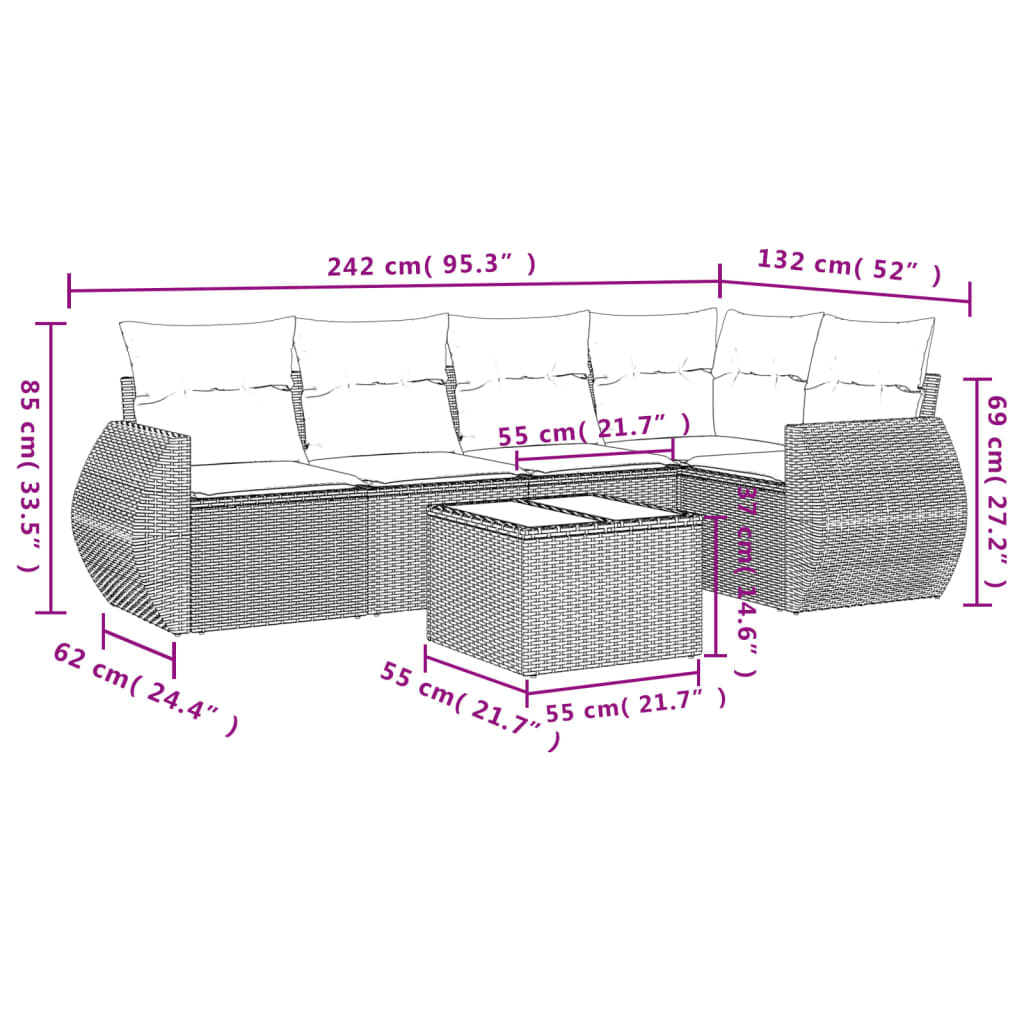 vidaXL 6-delige Loungeset met kussens poly rattan grijs