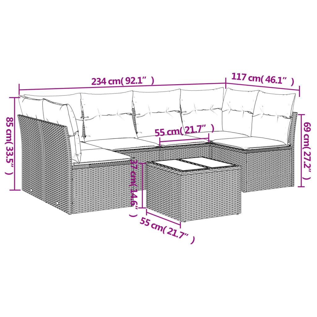 vidaXL 7-delige Loungeset met kussens poly rattan grijs