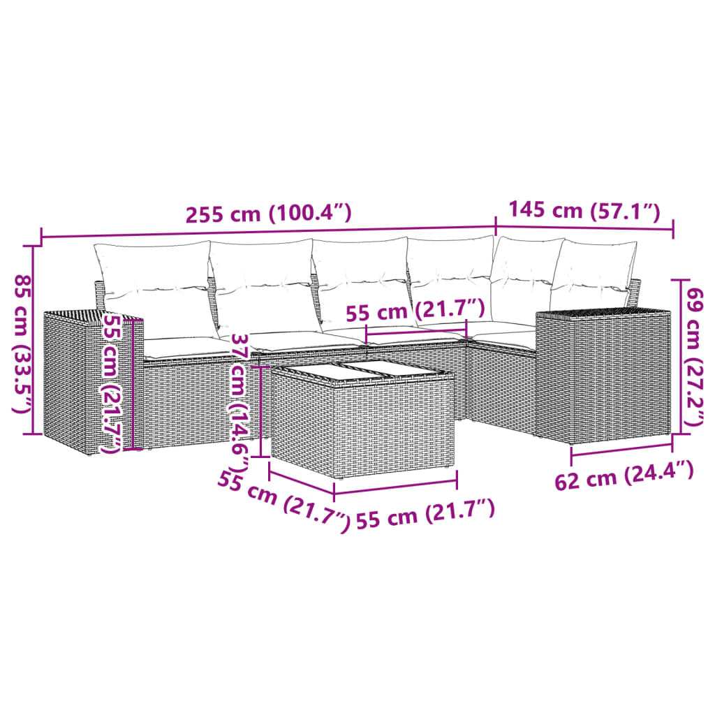 vidaXL 6-delige Loungeset met kussens poly rattan grijs