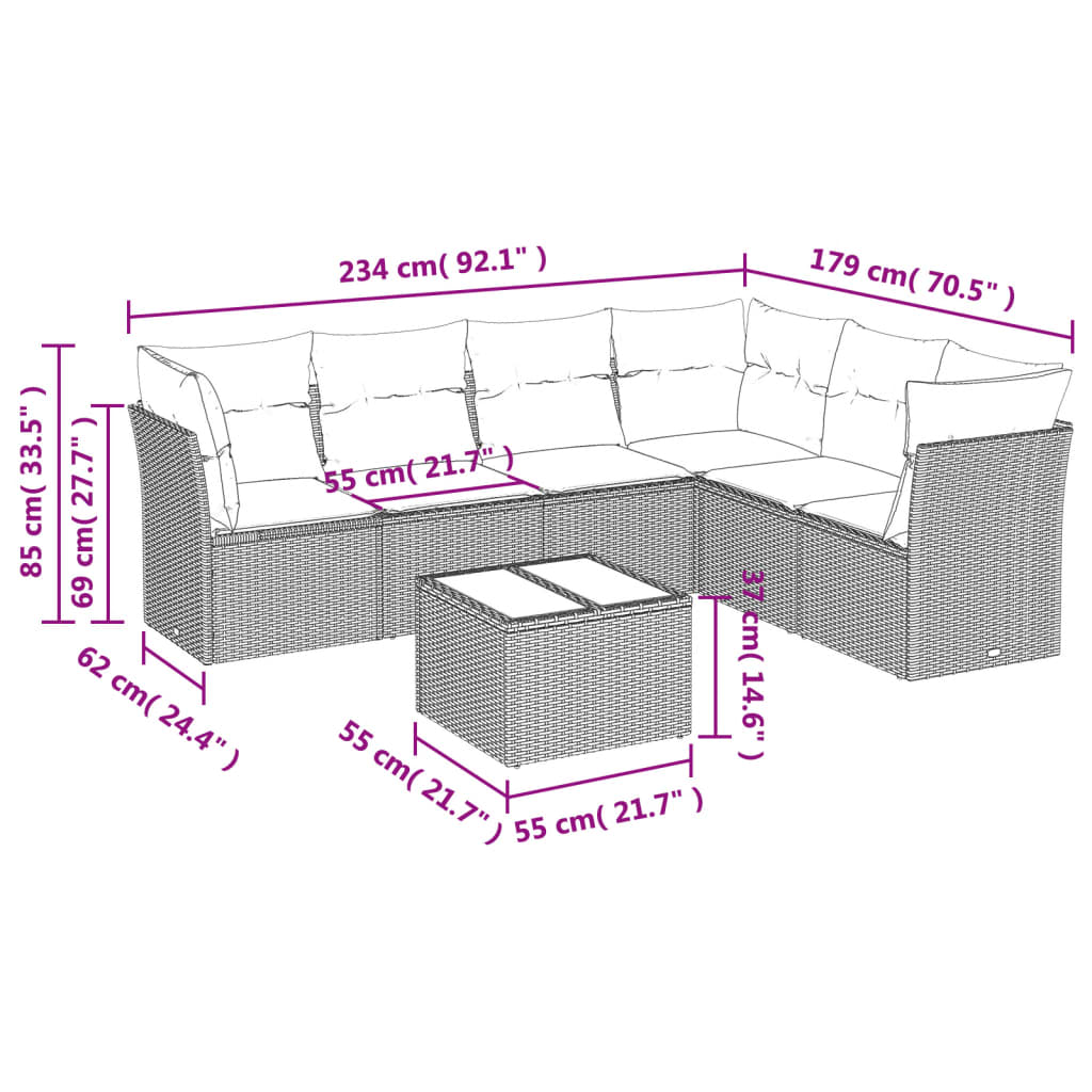 vidaXL 7-delige Loungeset met kussens poly rattan grijs