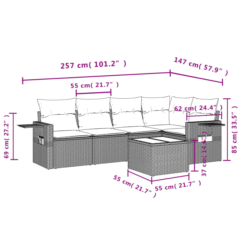 vidaXL 6-delige Loungeset met kussens poly rattan grijs