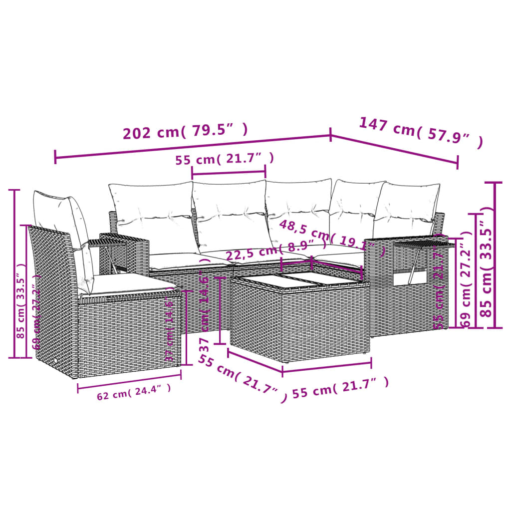 vidaXL 6-delige Loungeset met kussens poly rattan grijs