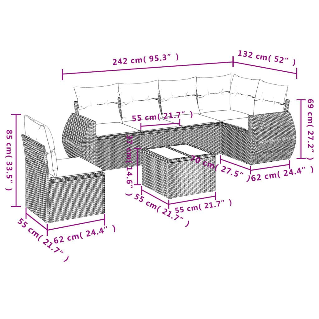 vidaXL 7-delige Loungeset met kussens poly rattan grijs