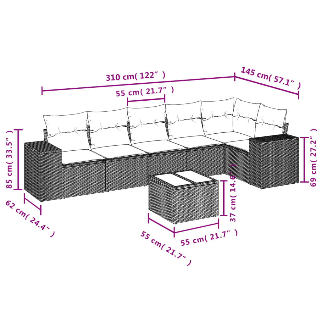 vidaXL 7-delige Loungeset met kussens poly rattan grijs