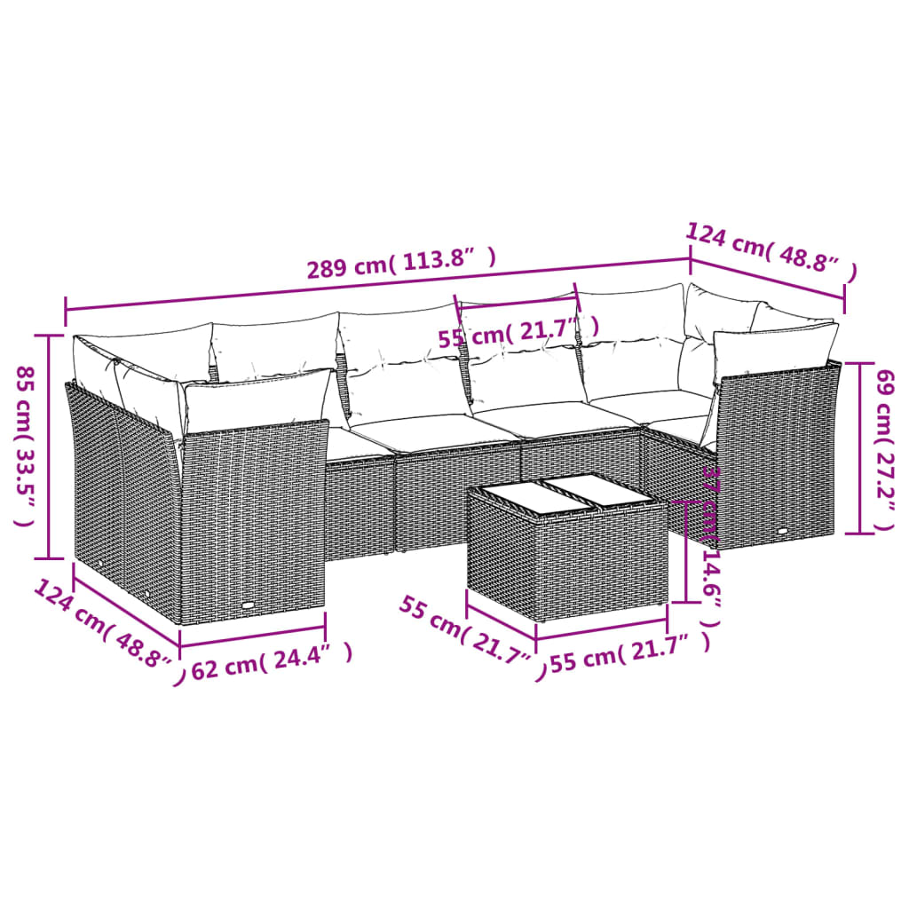 vidaXL 8-delige Loungeset met kussens poly rattan grijs