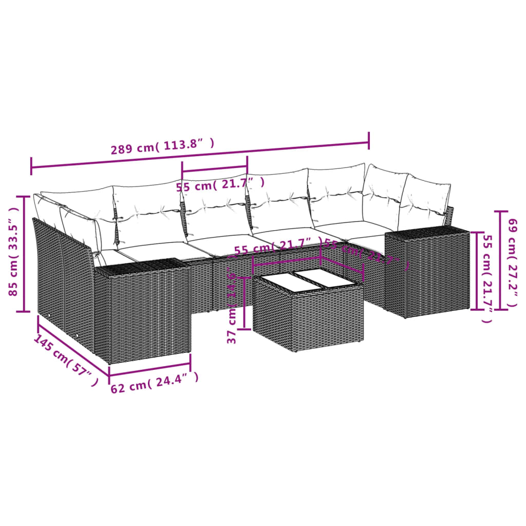 vidaXL 8-delige Loungeset met kussens poly rattan grijs