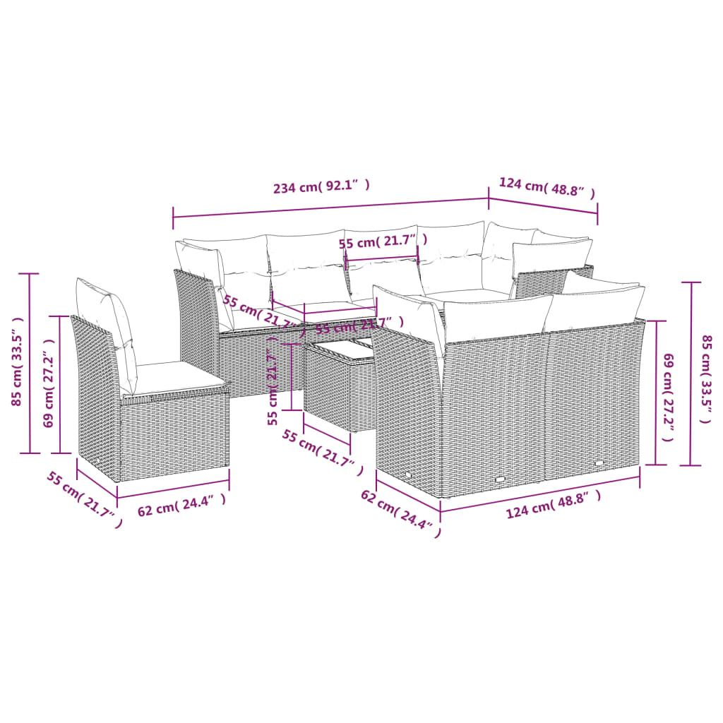 vidaXL 9-delige Loungeset met kussens poly rattan grijs