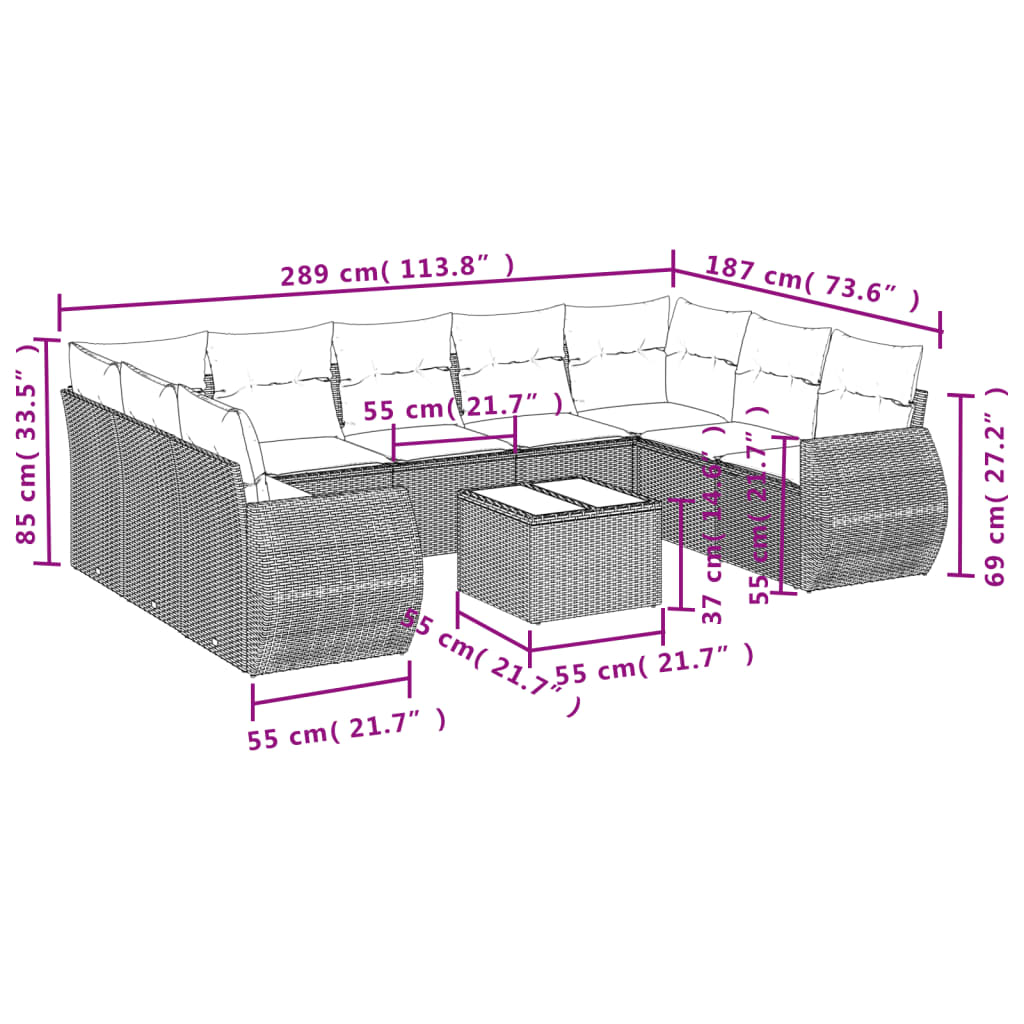 vidaXL 10-delige Loungeset met kussens poly rattan grijs