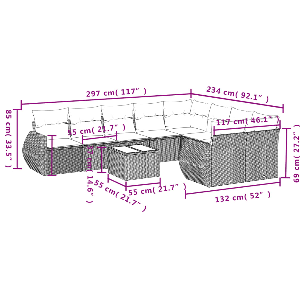 vidaXL 10-delige Loungeset met kussens poly rattan grijs