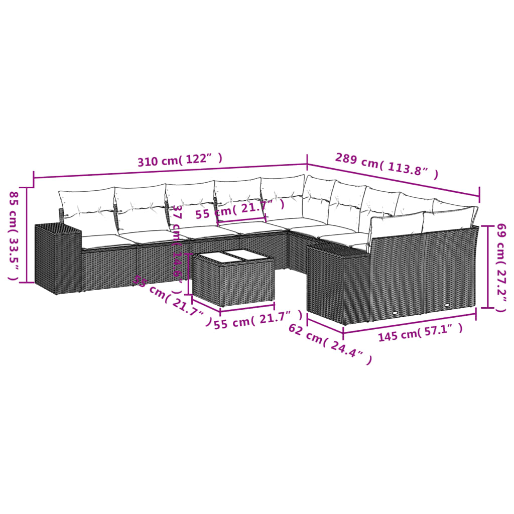 vidaXL 11-delige Loungeset met kussens poly rattan grijs