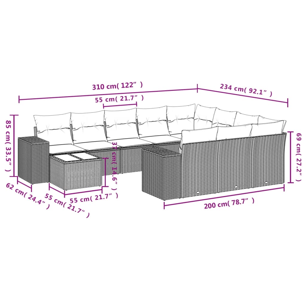 vidaXL 11-delige Loungeset met kussens poly rattan grijs