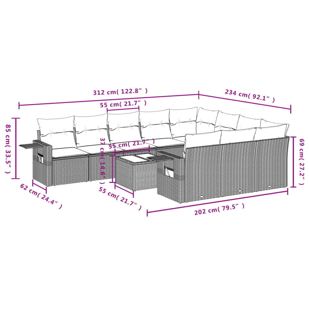 vidaXL 11-delige Loungeset met kussens poly rattan grijs