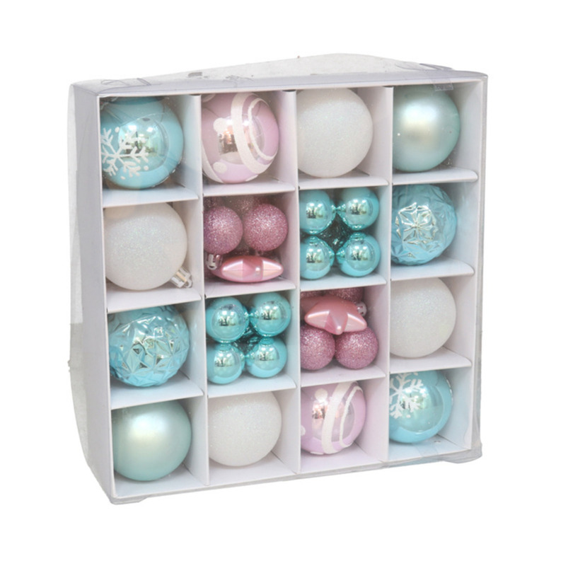 Gerimport kerstballen Kerstballen set -42x - wit/blauw/roze -kunststof -