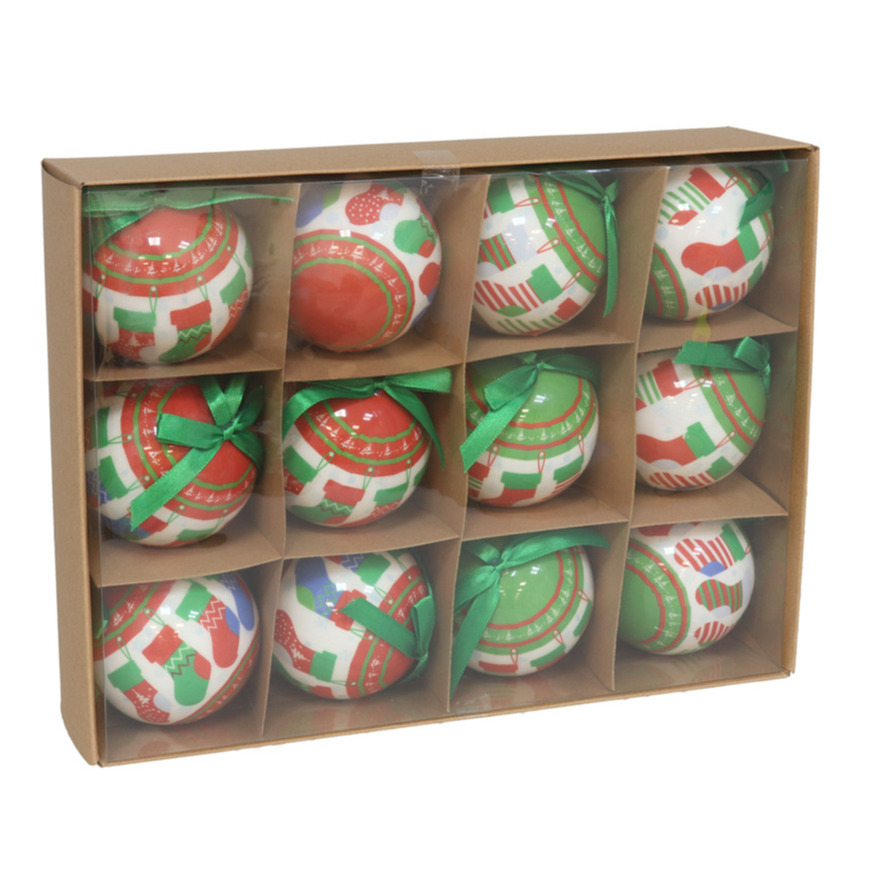 Gerimport Kerstballen - 12x st - 7,5 cm - rood/groen/wit - kunststof -