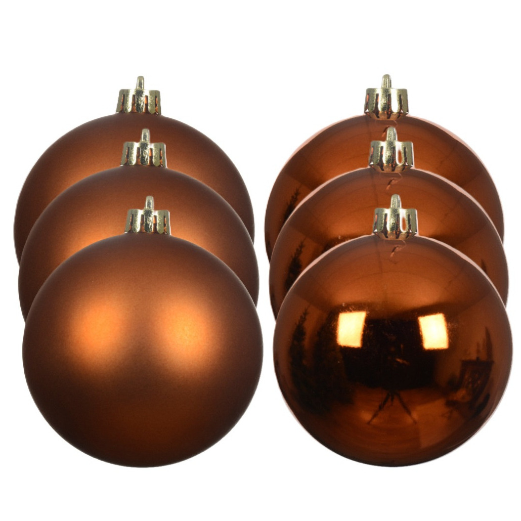 Decoris kerstballen - 6x st- 8 cm - koper/cognac bruin - kunststof -