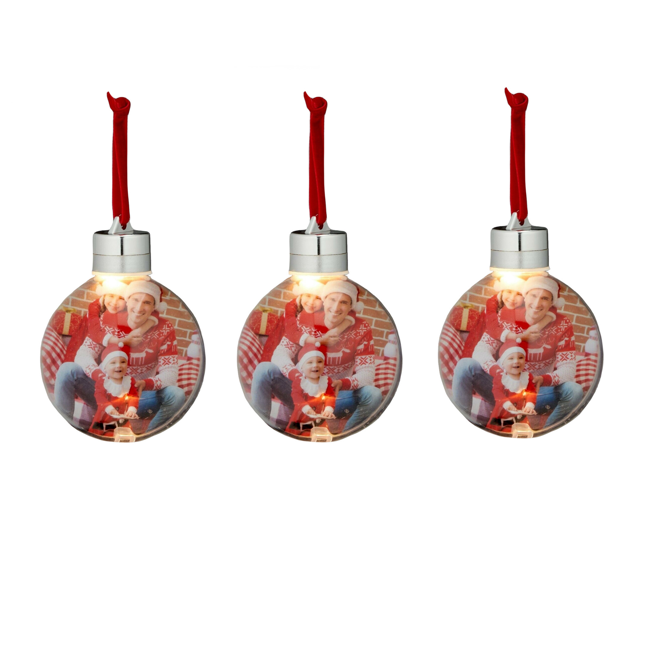 Merkloos 3x stuks DIY foto/fotolijst kunststof kerstballen transparant 8 cm met verlichting -