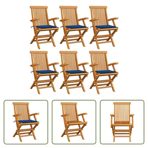 VIDAXL Houten Tuinstoelenset - 6 Stoelen - Teakhout - Koningsblauwe Kussens