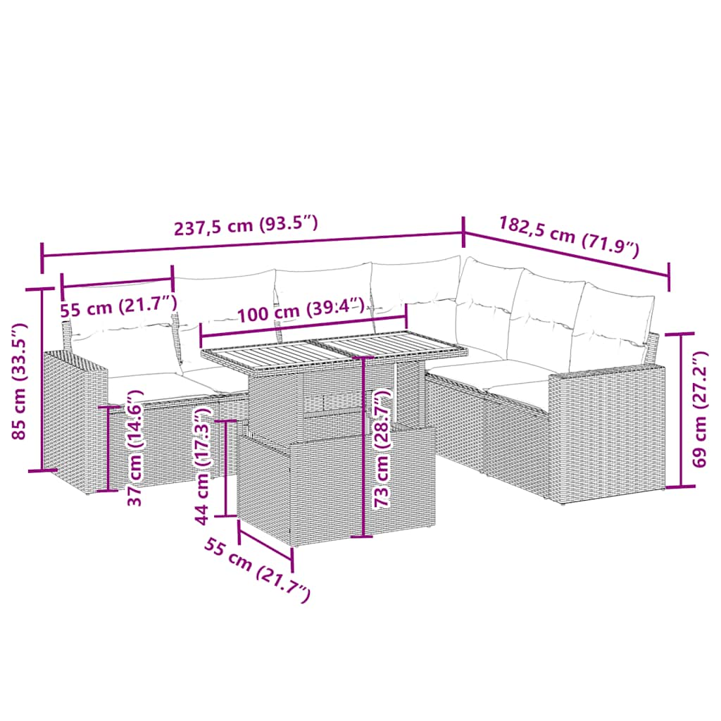 vidaXL 7-delige Loungeset met kussens poly rattan beige