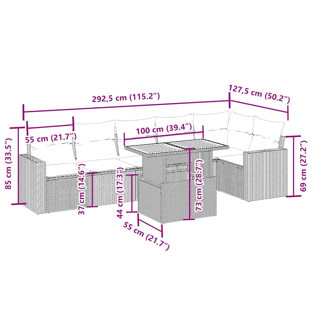 vidaXL 7-delige Loungeset met kussens poly rattan beige