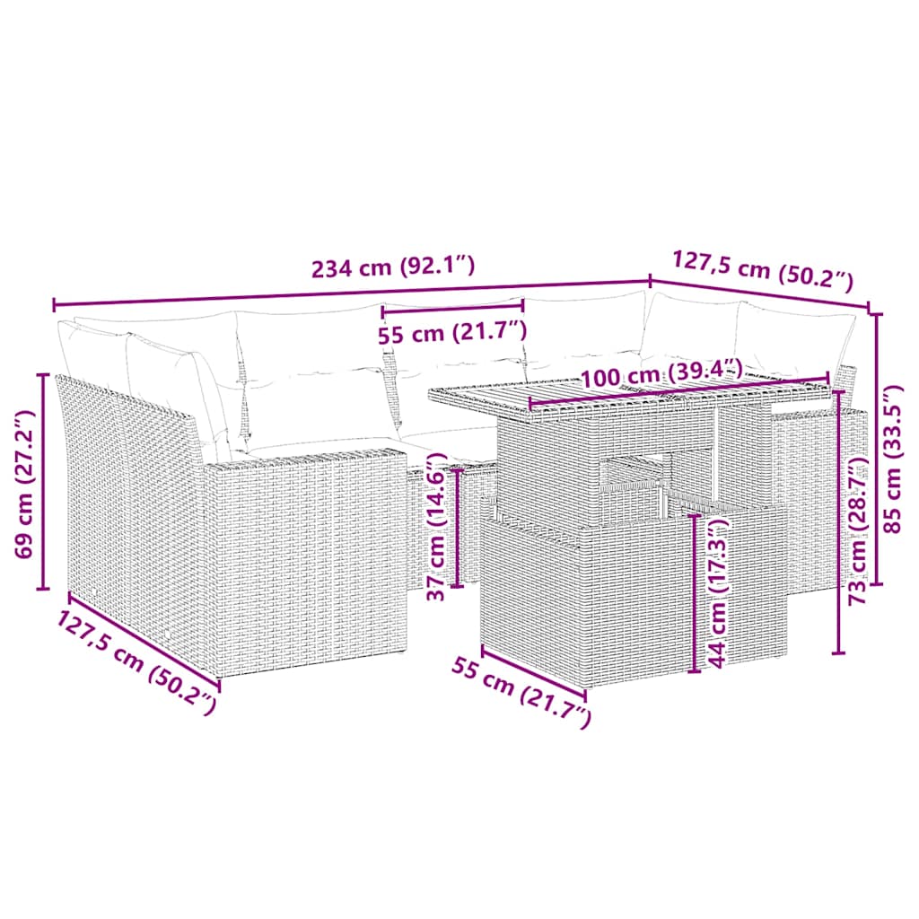 vidaXL 7-delige Loungeset met kussens poly rattan beige