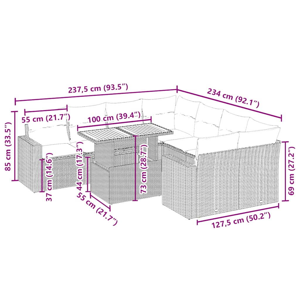 vidaXL 9-delige Loungeset met kussens poly rattan beige