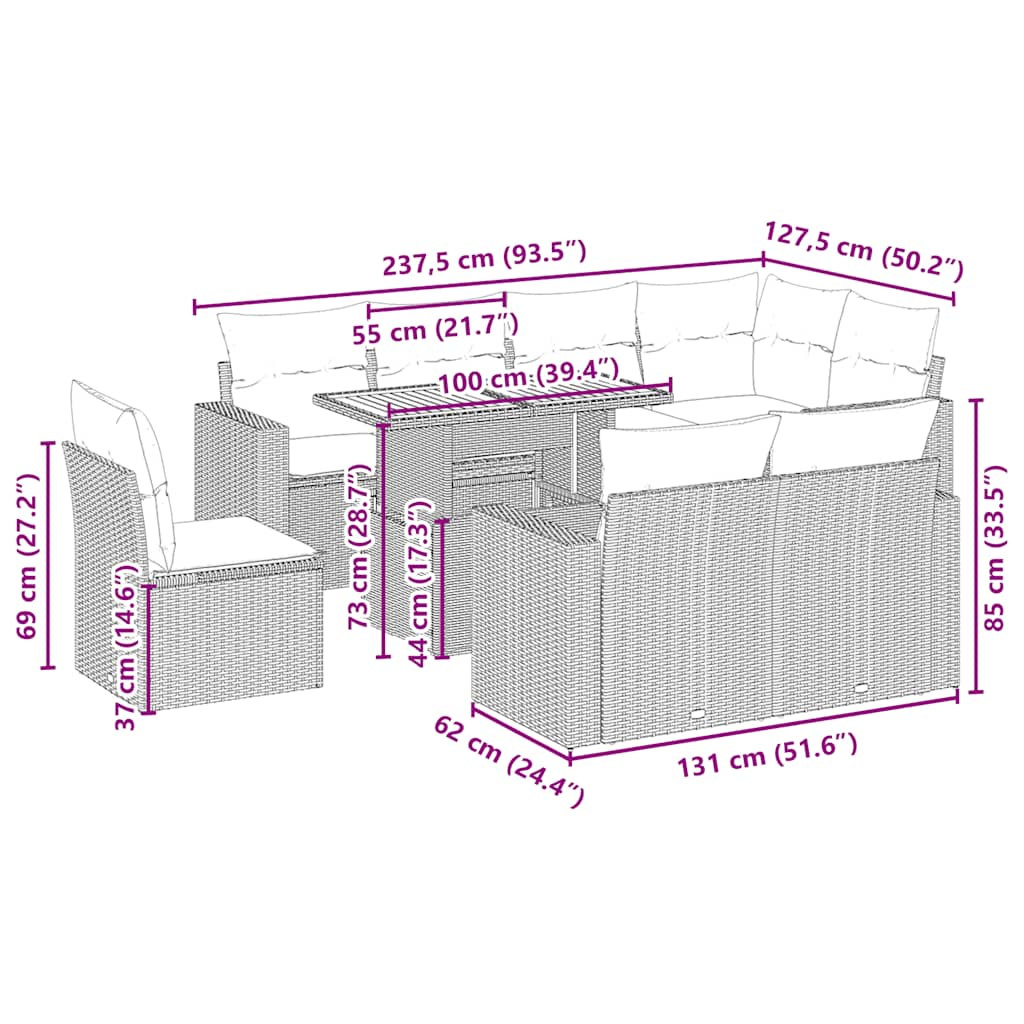 vidaXL 9-delige Loungeset met kussens poly rattan beige