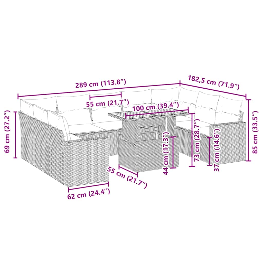 vidaXL 10-delige Loungeset met kussens poly rattan beige