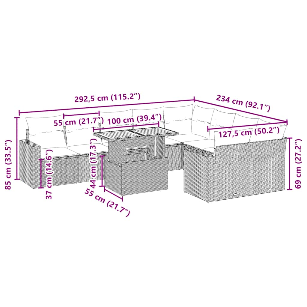 vidaXL 10-delige Loungeset met kussens poly rattan beige