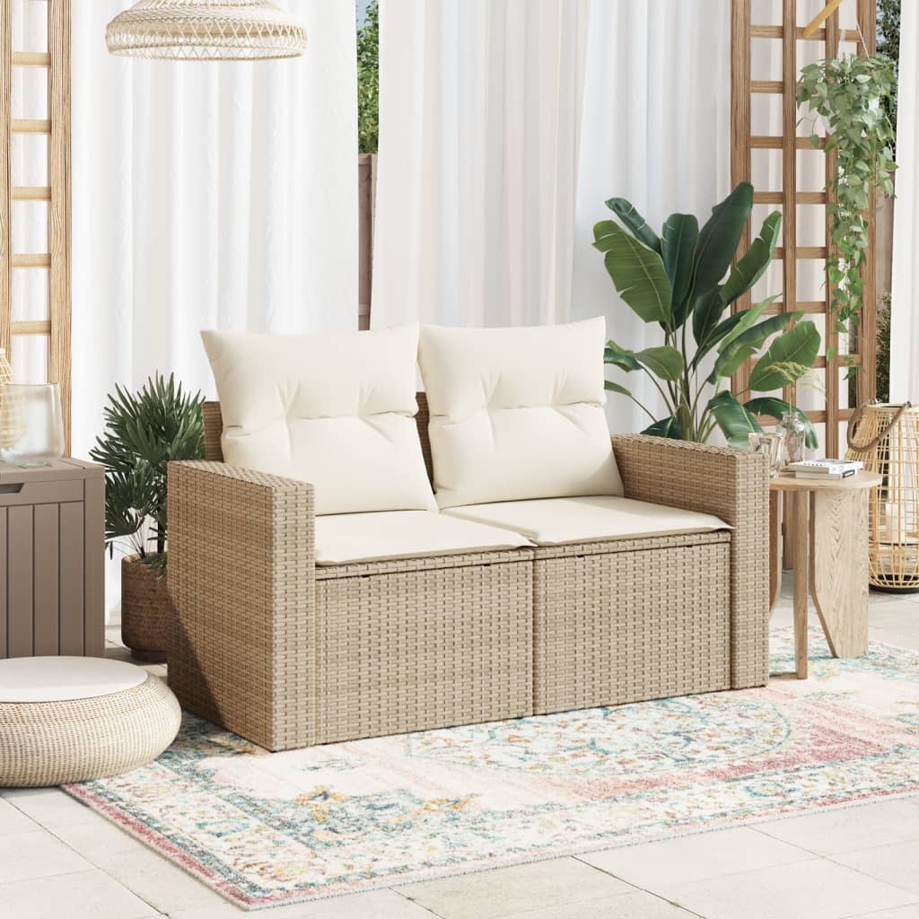 vidaXL Tuinbank 2-zits met kussens poly rattan beige