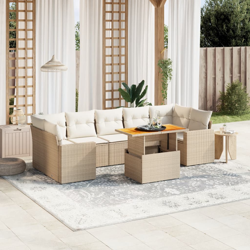 VidaXL 8-delige Loungeset met kussens poly rattan beige