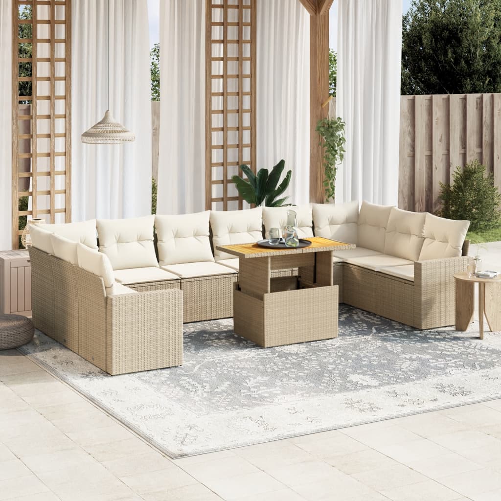 VidaXL 11-delige Tuinset met kussens poly rattan beige