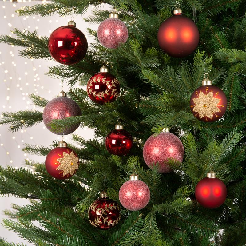 Decoris Kerstballenset Glas Assorti Maten En Decoratie Box A 12stuks Rood