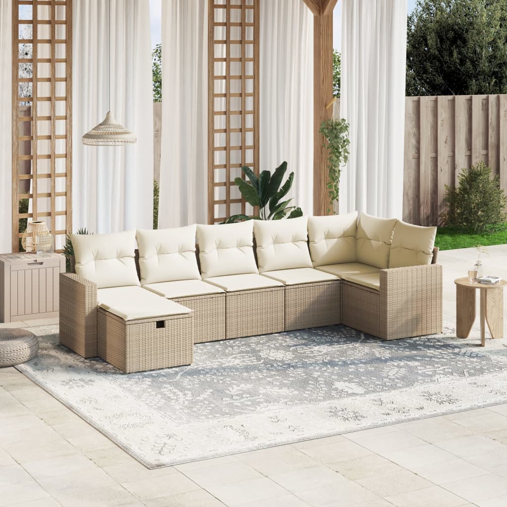 VidaXL 7-delige Loungeset met kussens poly rattan beige