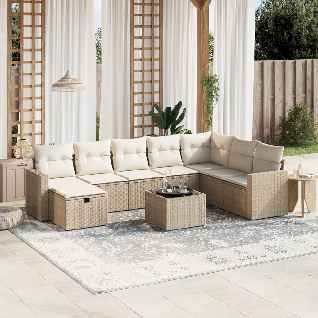 VidaXL 9-delige Loungeset met kussens poly rattan beige